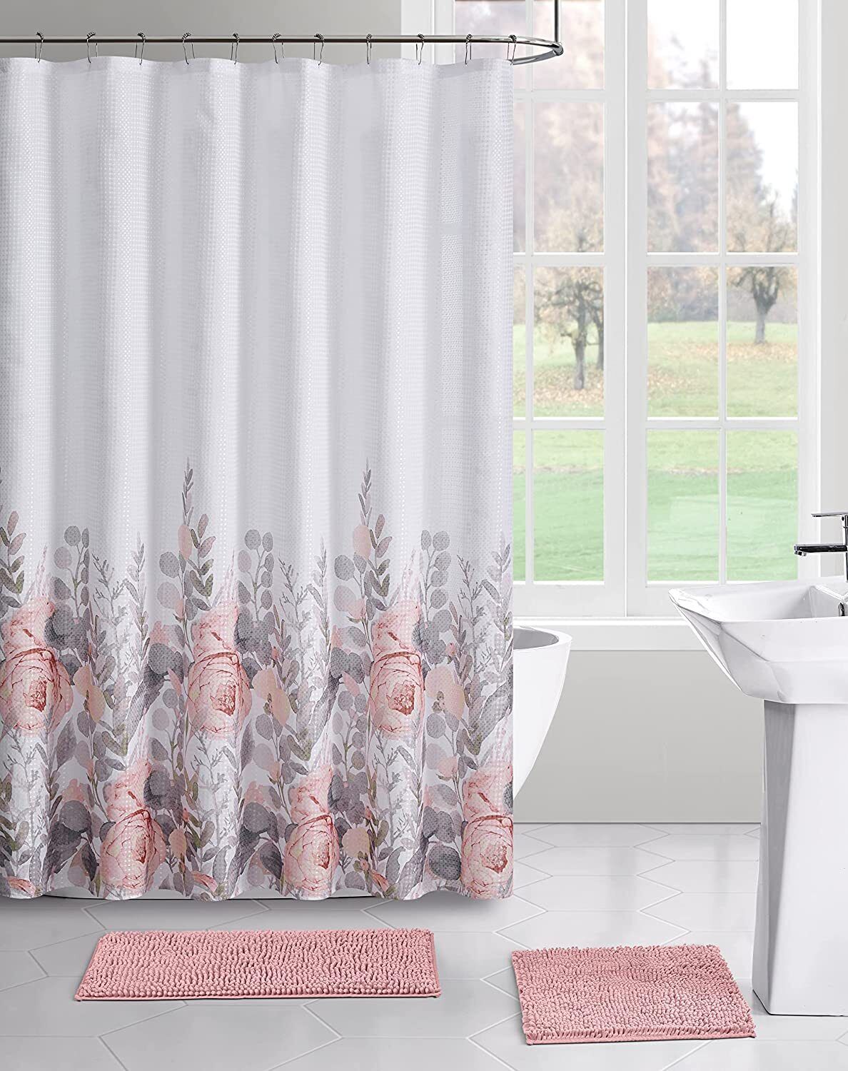 Coral Gray Watercolor Flowers Fabric Shower Curtain for Bathroom
