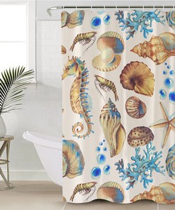 Coral Marine Sealife Nautical Shower Curtain with Starfish and Seashell Prints - Beach Theme Ocean Decor