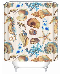 Coral Marine Sealife Nautical Shower Curtain with Starfish and Seashell Prints - Beach Theme Ocean Decor