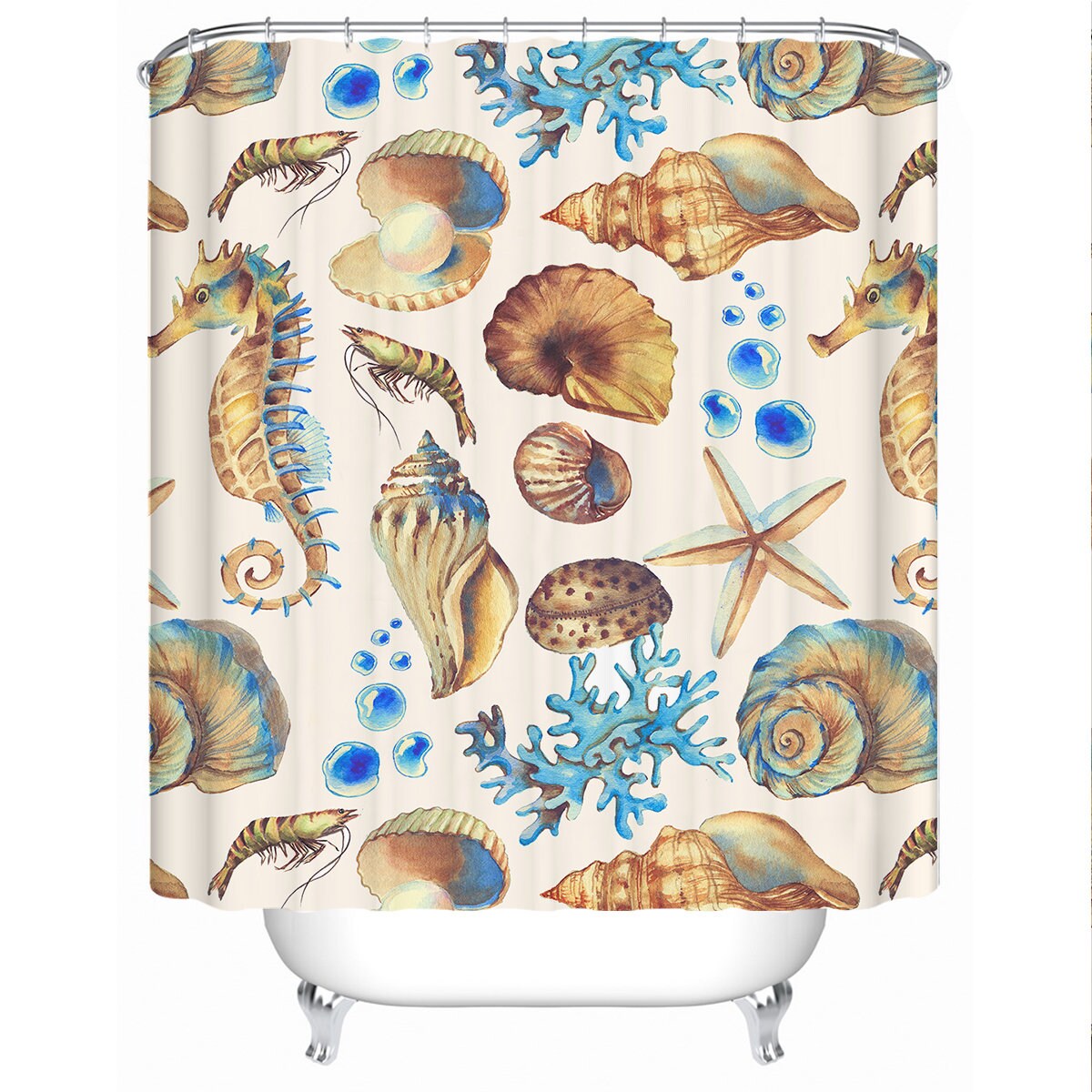 Coral Marine Sealife Nautical Shower Curtain with Starfish and Seashell Prints - Beach Theme Ocean Decor
