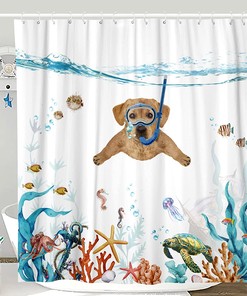 Coral Orange Funny Dog Shower Curtain With Waterproof Fabric And Nautical Animal Prints For A Relaxing