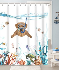 Coral Orange Funny Dog Shower Curtain With Waterproof Fabric And Nautical Animal Prints For A Relaxing