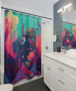Coral Reef Oasis: Vibrant & Bold Sea Turtle Shower Curtain - Abstract Aesthetic, Ocean Life - Ideal For Beach Lovers