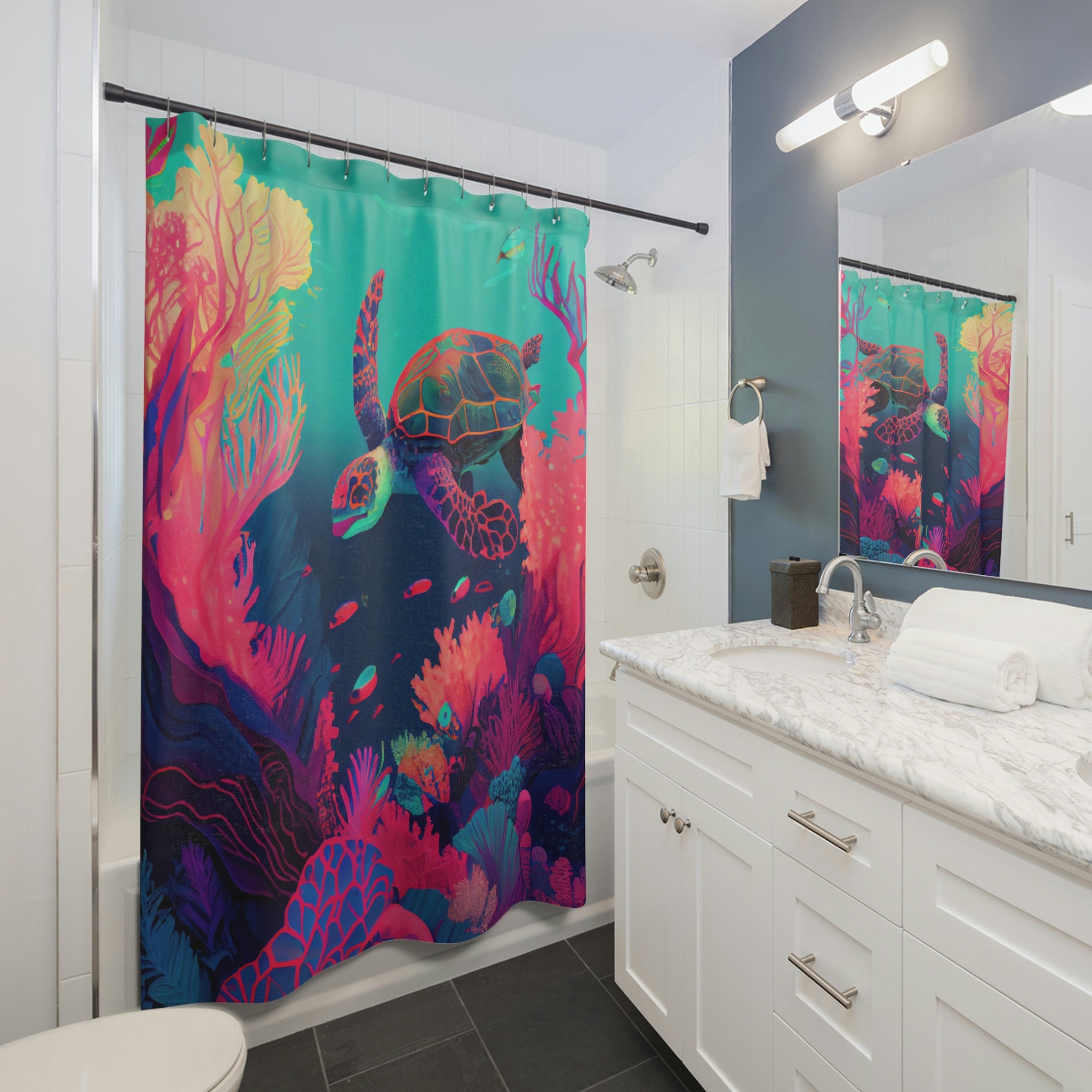 Coral Reef Oasis: Vibrant & Bold Sea Turtle Shower Curtain - Abstract Aesthetic, Ocean Life - Ideal For Beach Lovers