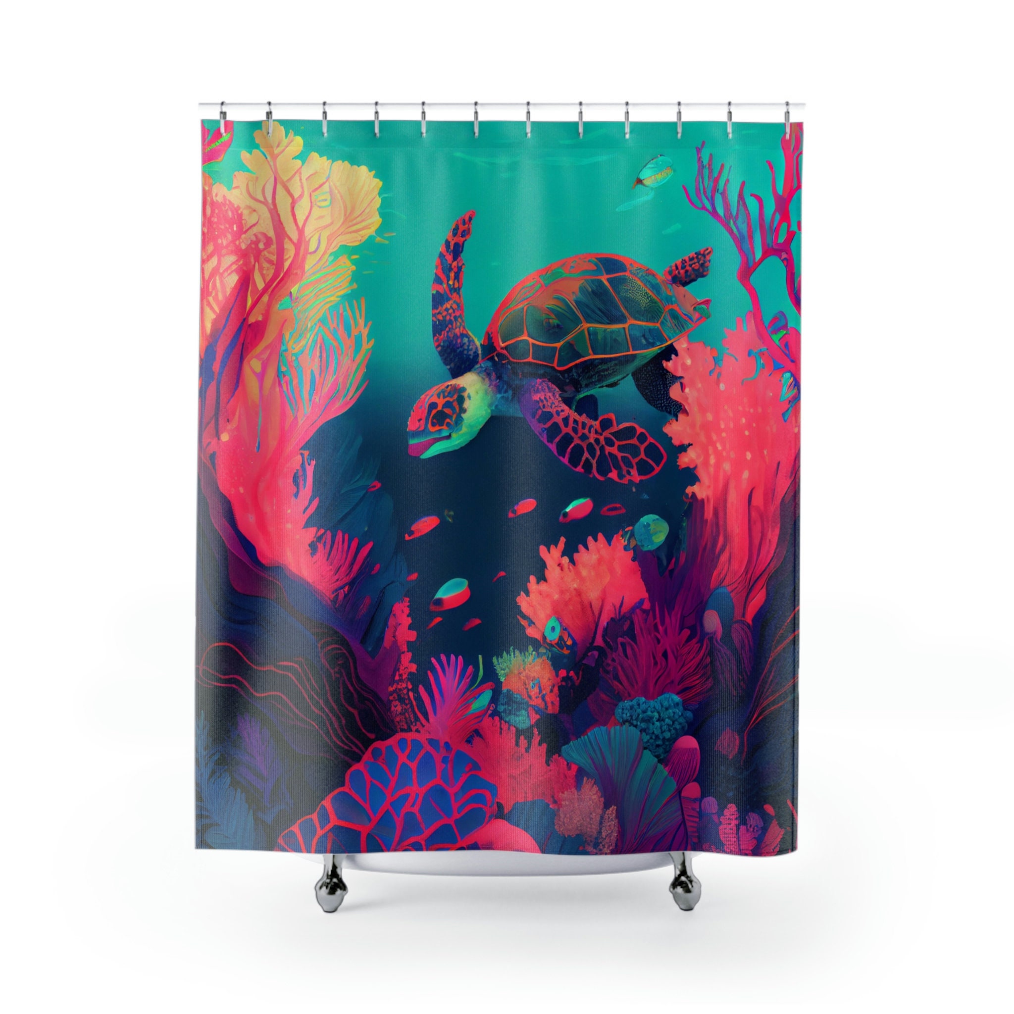 Coral Reef Oasis: Vibrant & Bold Sea Turtle Shower Curtain - Abstract Aesthetic, Ocean Life - Ideal For Beach Lovers - Image 2