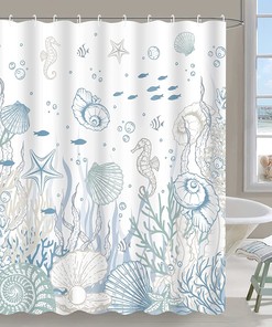 Coral Seashell Beach Shower Curtain, Nautical Bathroom Curtain with Starfish and Seahorse Prints, Blue