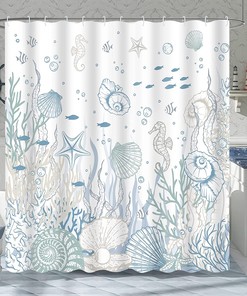 Coral Seashell Beach Shower Curtain, Nautical Bathroom Curtain with Starfish and Seahorse Prints, Blue