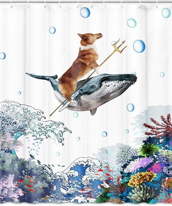 Corgi Dog Riding Whales In Ocean Wave Print Shower Curtain