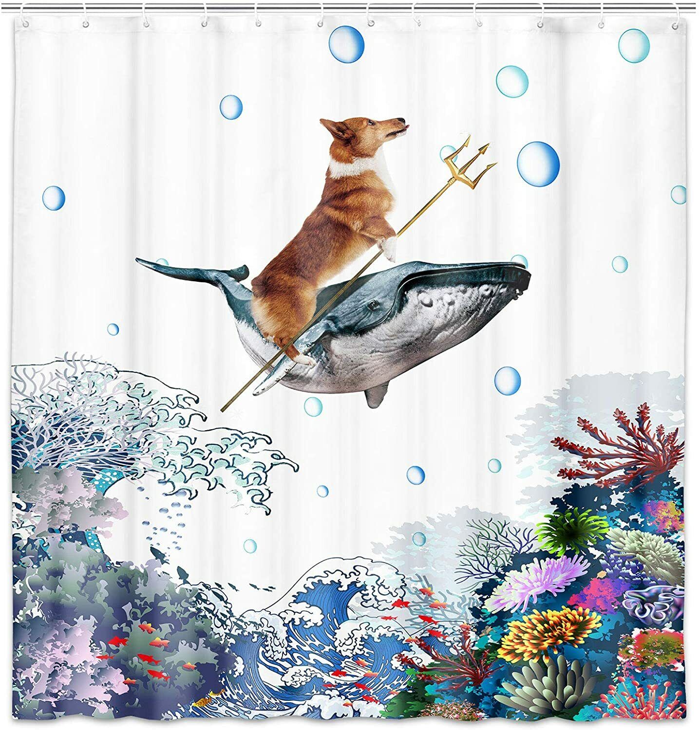 Corgi Dog Riding Whales In Ocean Wave Print Shower Curtain