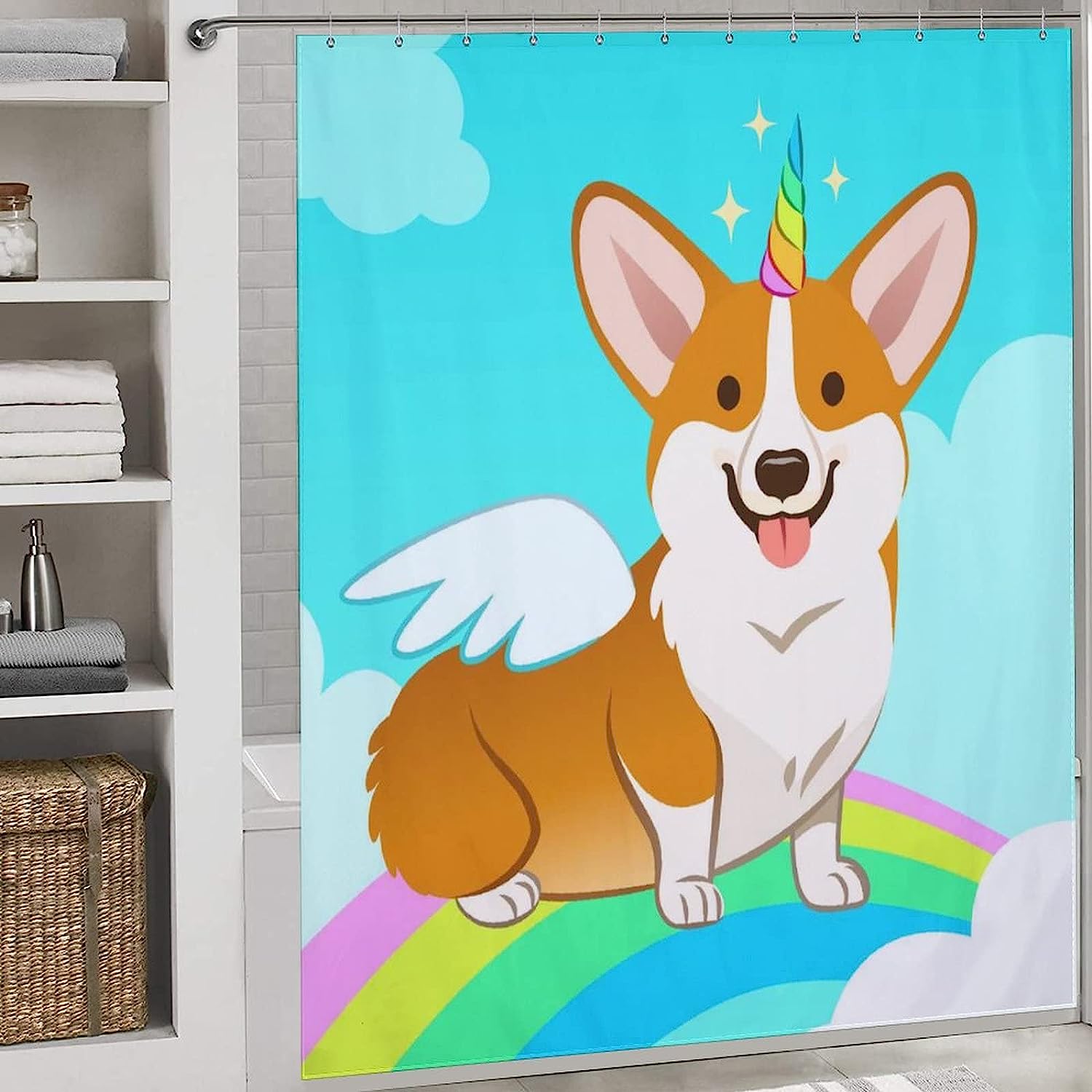 Corgi Dog Riding a Unicorn Shower Curtain for Your Bathroom Decor