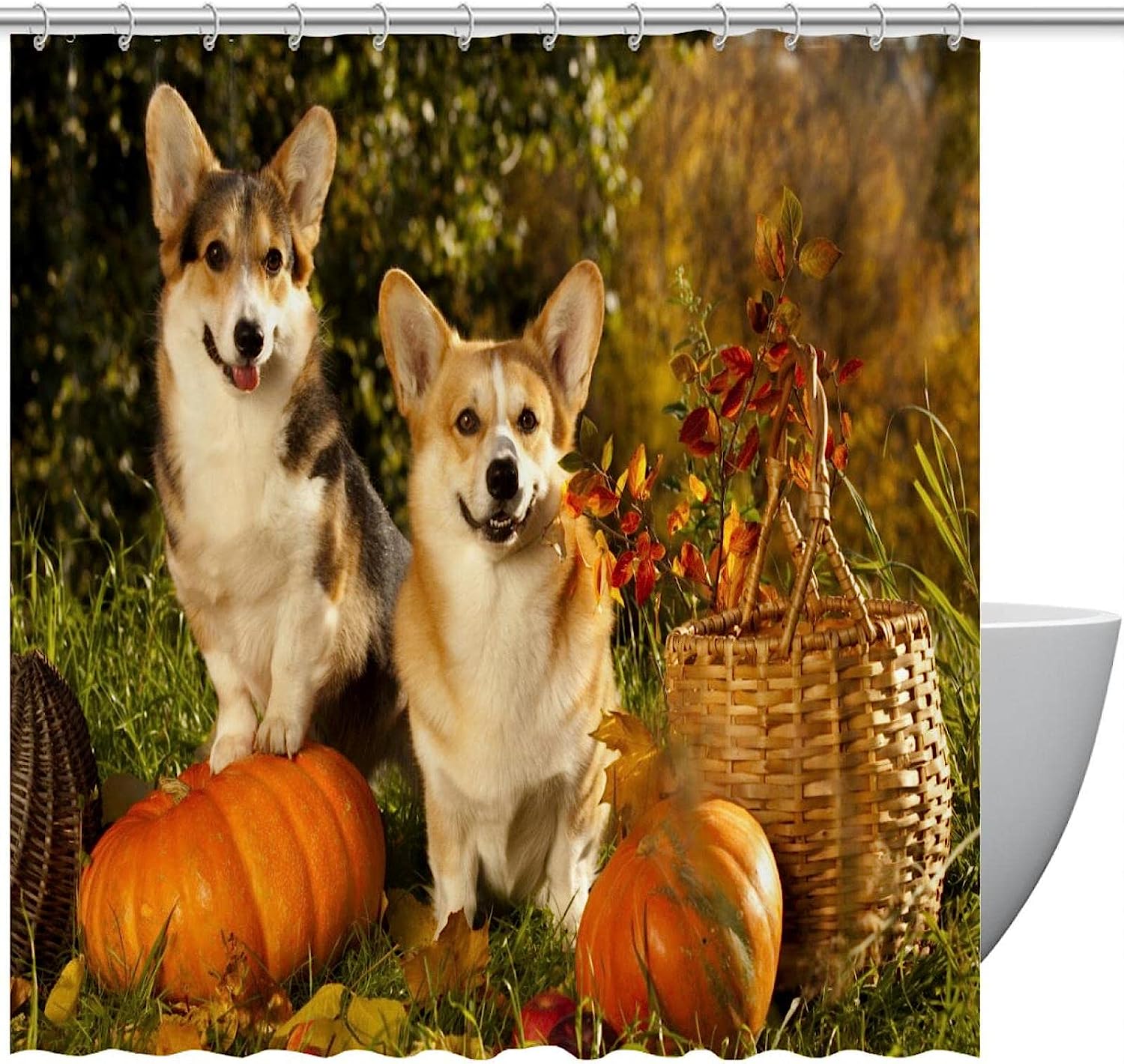 Corgi Dogs Pumpkin Fall Shower Curtain Restroom Shower Curtain