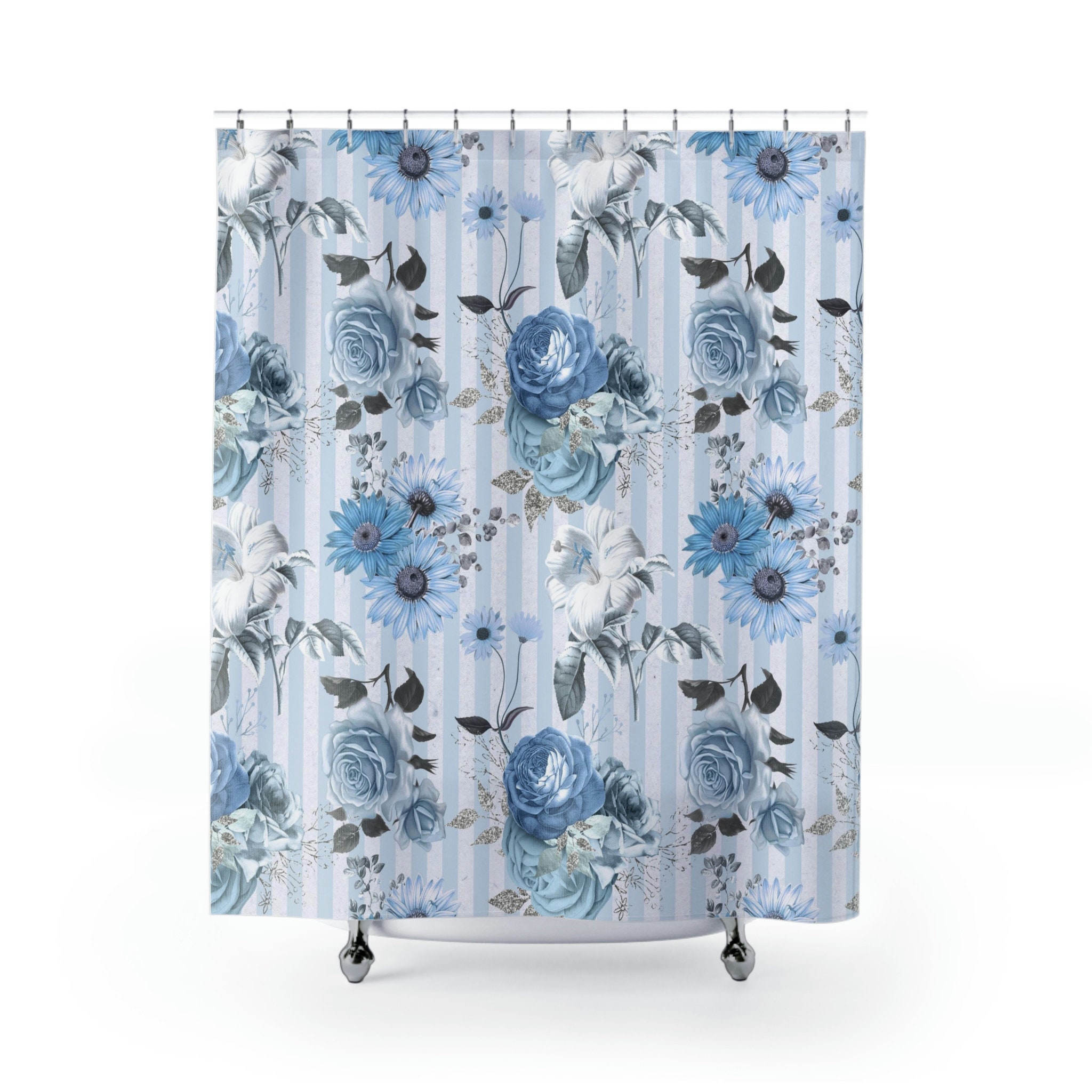 Cornflower Blue Roses Floral Botanical Shower Curtain for Elegant Bathroom Decor