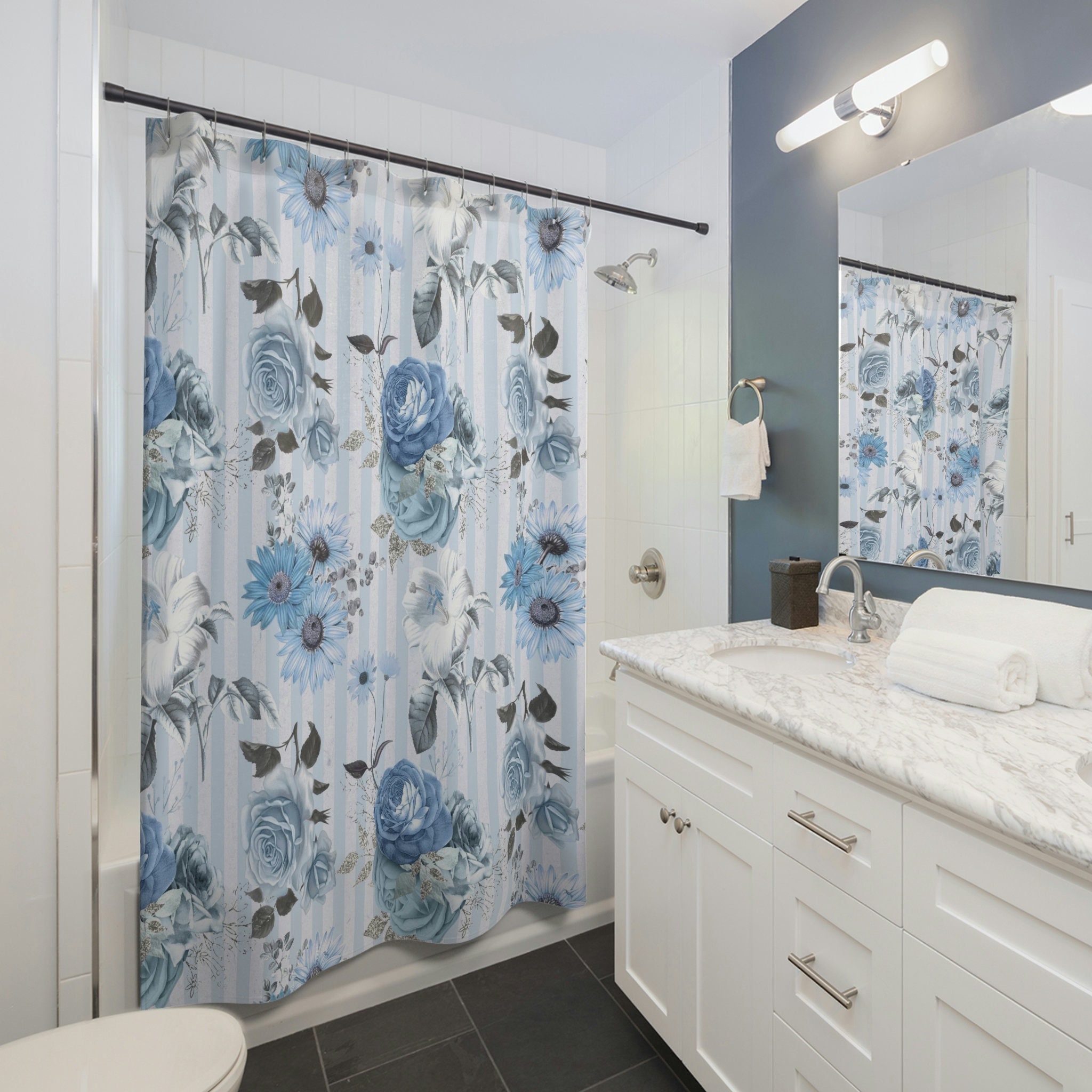 Cornflower Blue Roses Floral Botanical Shower Curtain for Elegant Bathroom Decor