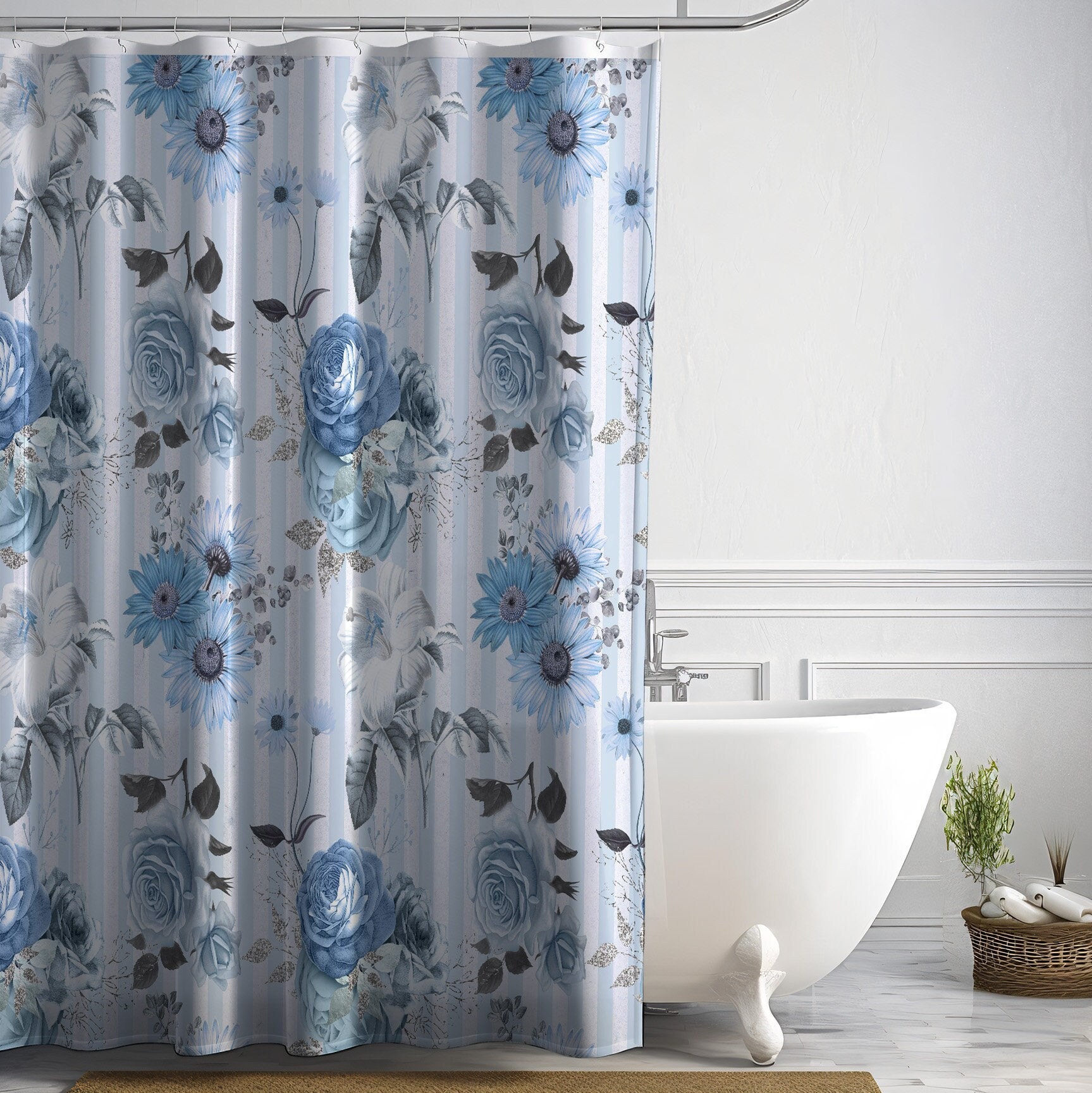 Cornflower Blue Roses Floral Botanical Shower Curtain for Elegant Bathroom Decor