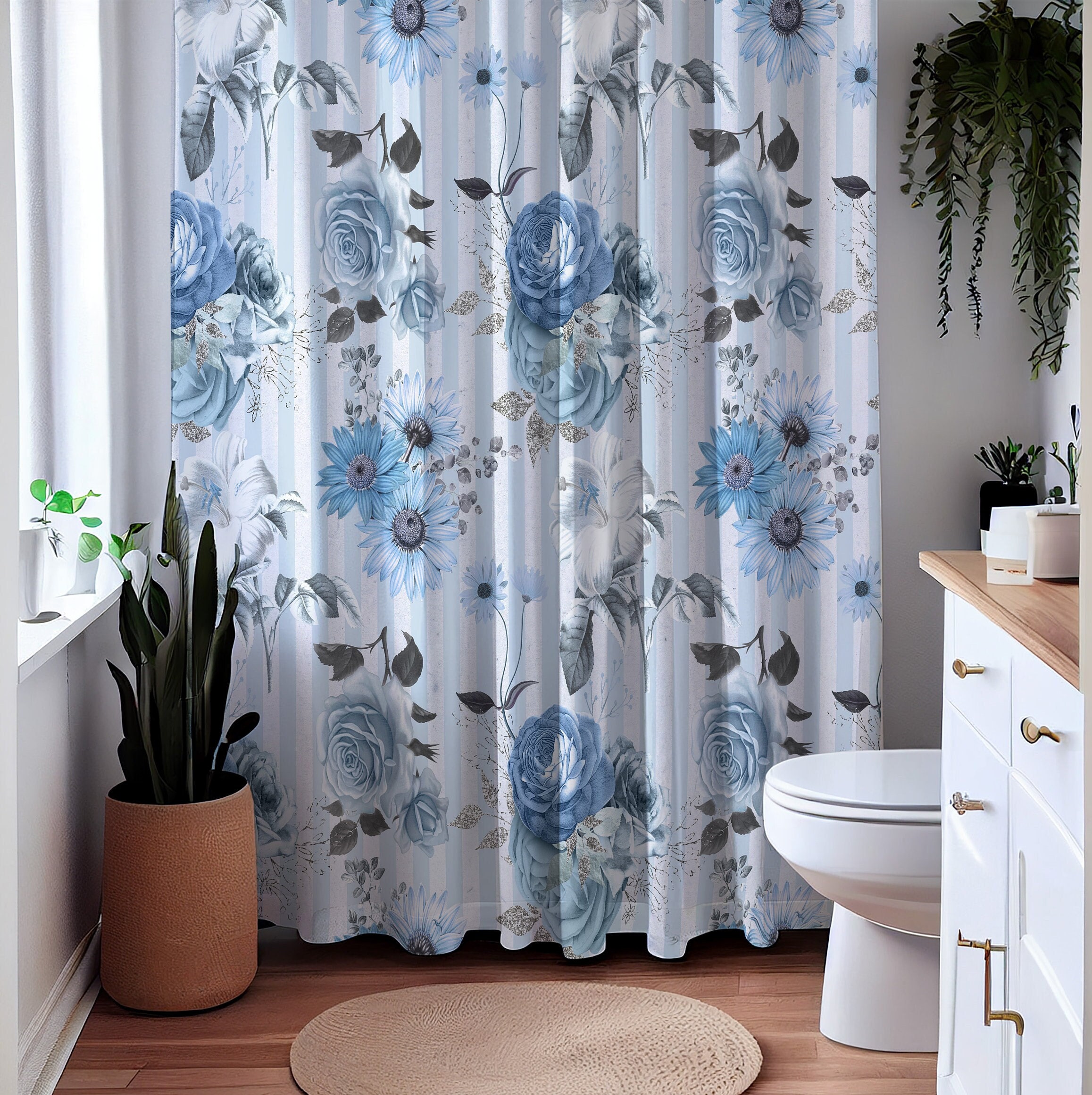 Cornflower Blue Roses Floral Botanical Shower Curtain for Elegant Bathroom Decor