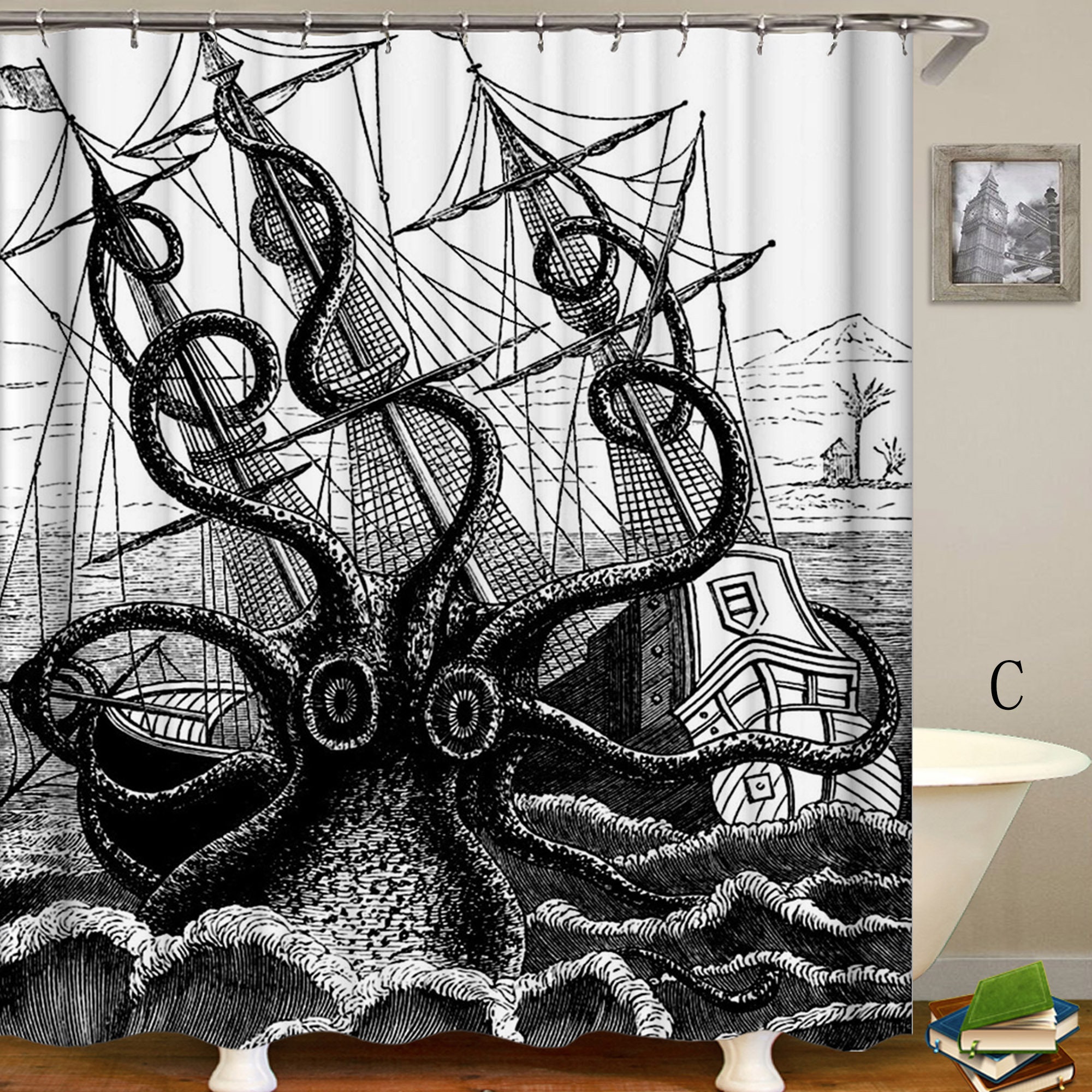 Corsair Shower Curtain - Octopus Monster Design - Waterproof And Unique - Image 3
