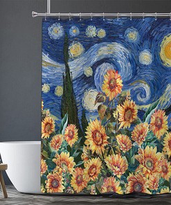 Cosmic Sunflower Shower Curtain with Night Sky Moon: Wash Unwind in a Blend of Celestial and Florid Bathroom Decor