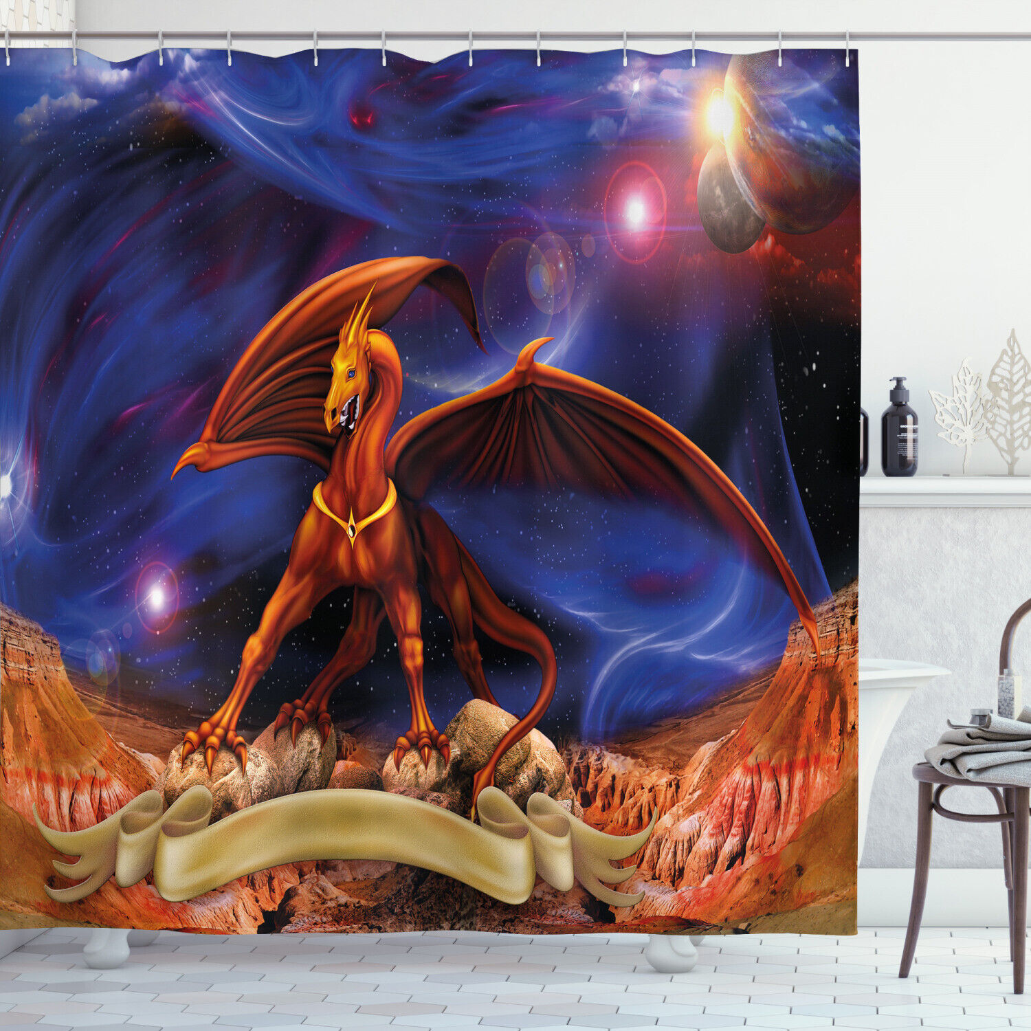 Cosmological Dragon Knight Shower Curtain For A Majestic Bathroom