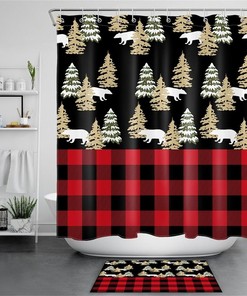 Cosy Red Checkered Snowy Forest And Bears Print Fabric Shower Curtain For Rustic Bathroom Decor