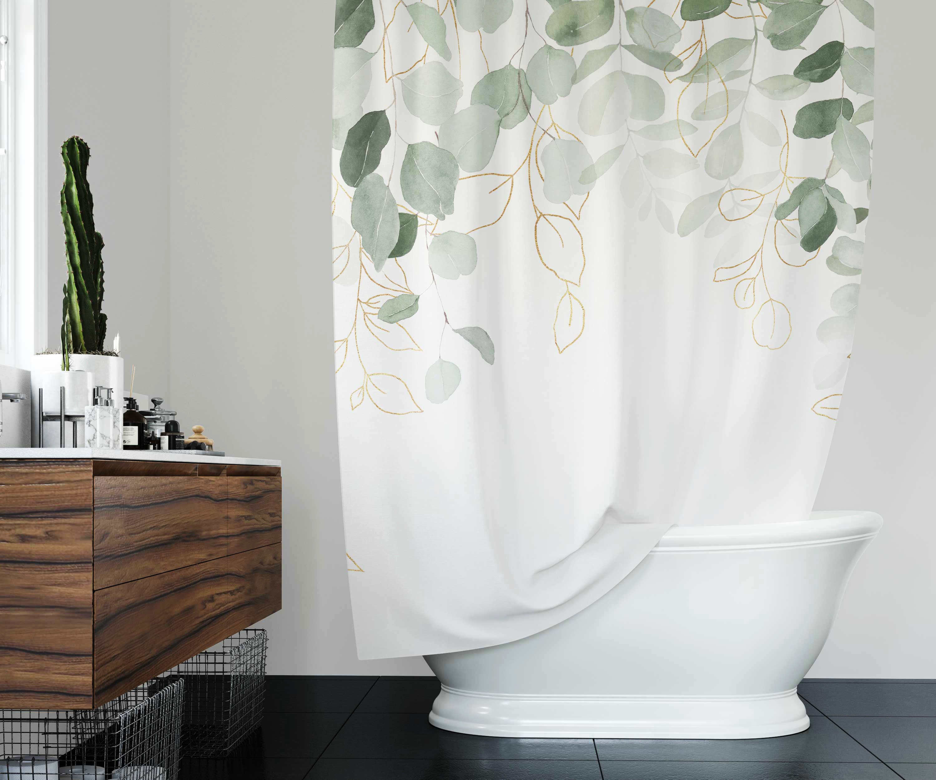 Cottage Core Stylish Elegant Boho Shower Curtain With Sage Green Eucalyptus Print