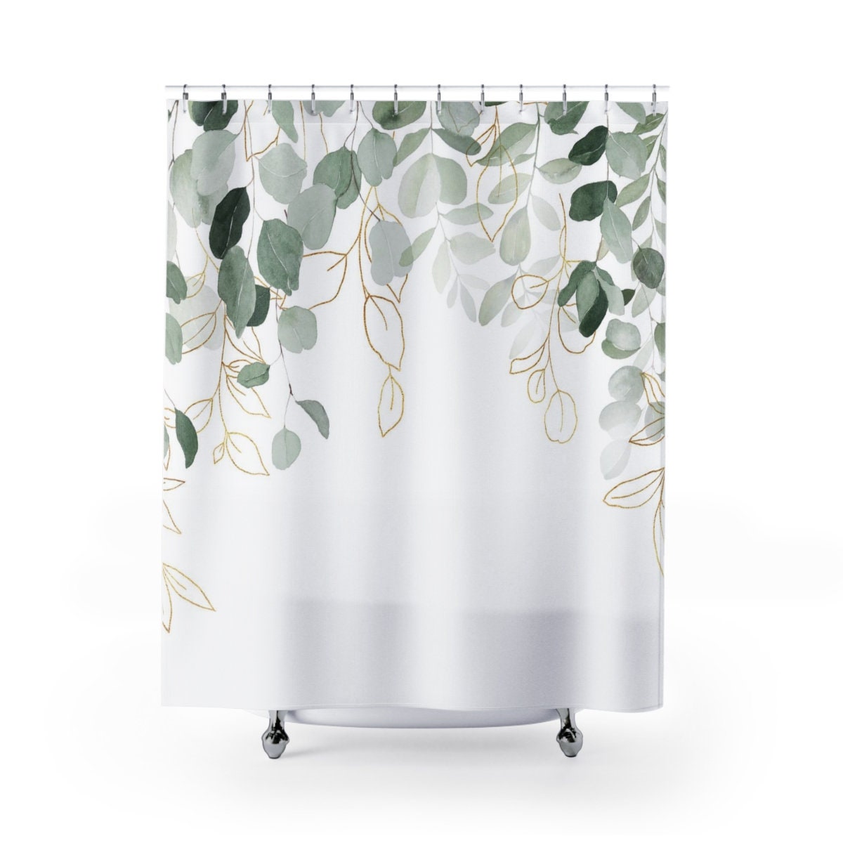 Cottage Core Stylish Elegant Boho Shower Curtain With Sage Green Eucalyptus Print - Image 2