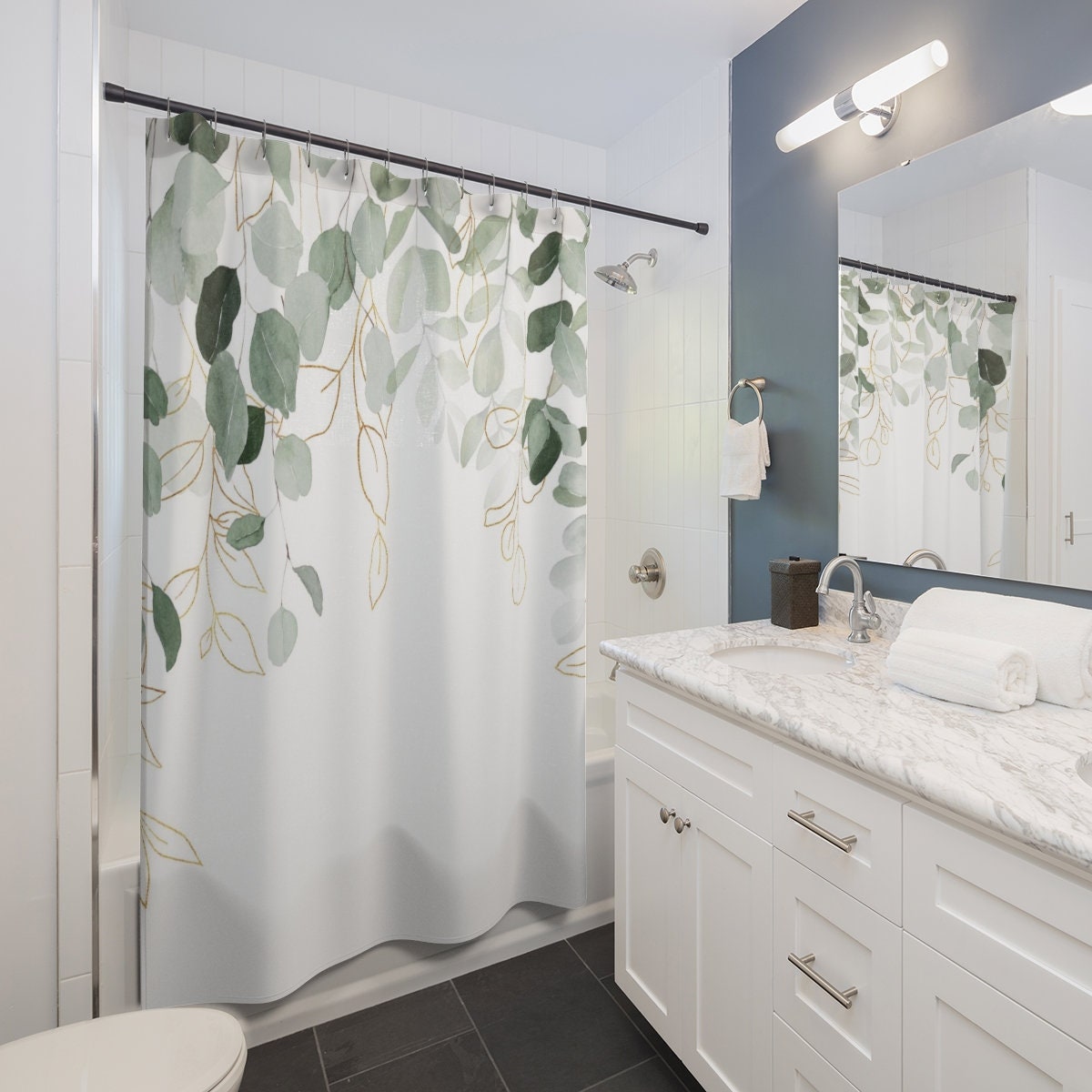 Cottage Core Stylish Elegant Boho Shower Curtain With Sage Green Eucalyptus Print - Image 3