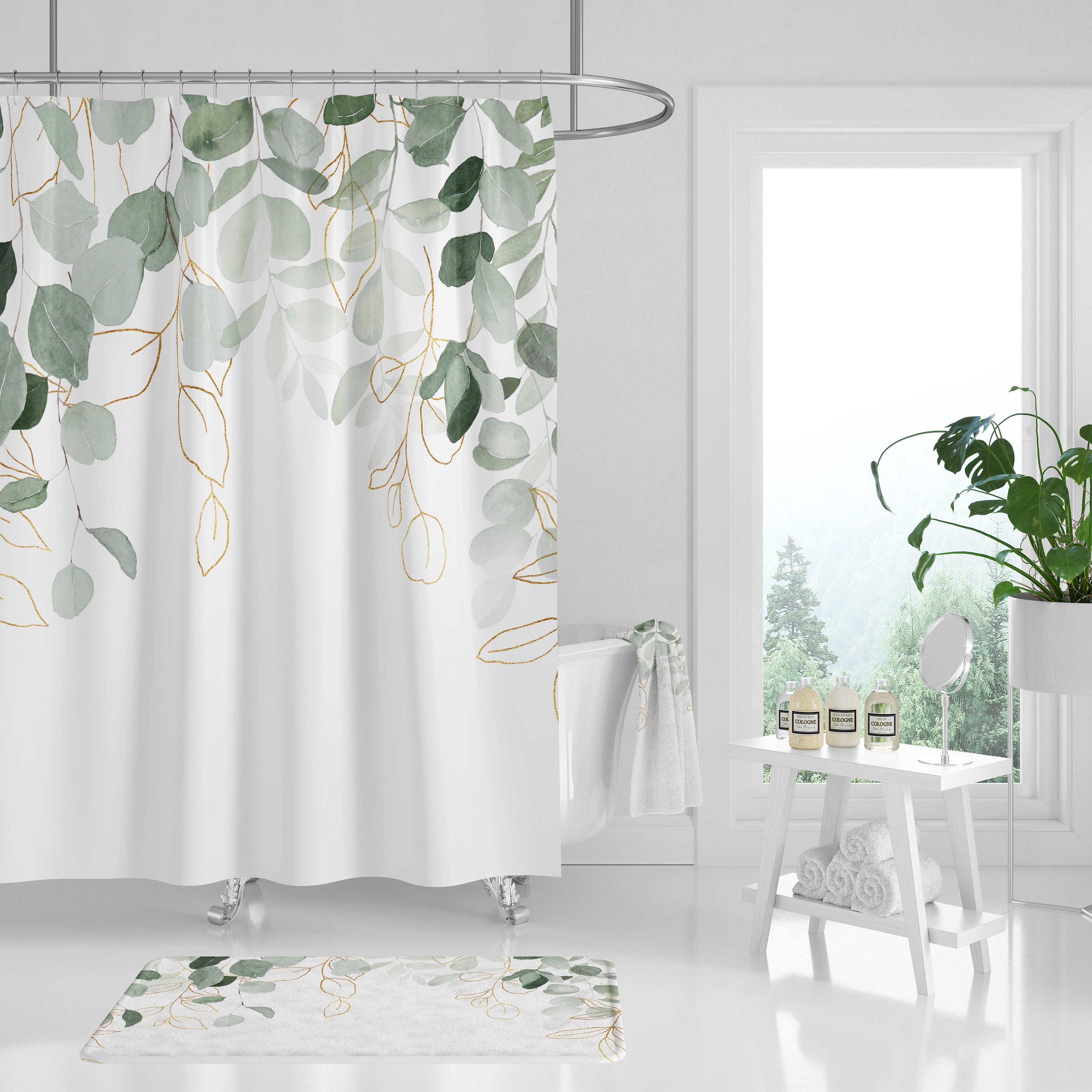 Cottage Core Stylish Elegant Boho Shower Curtain With Sage Green Eucalyptus Print - Image 4
