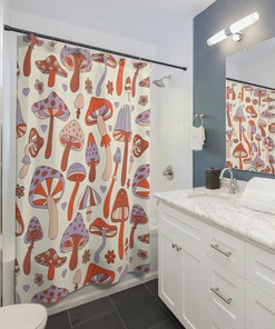 Cottagecore Shower Curtain with Groovy Mushroom Design - Retro Bath Curtain for Housewarming Gift