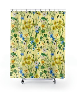 Cottagecore Yellow Botanical Flower Shower Curtain with Floral Design for a Delightful Bath