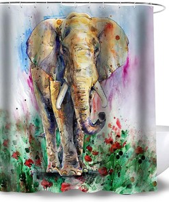 Country Farmhouse Elephant Shower Curtain, Watercolor Animal Art Bathroom Accessory