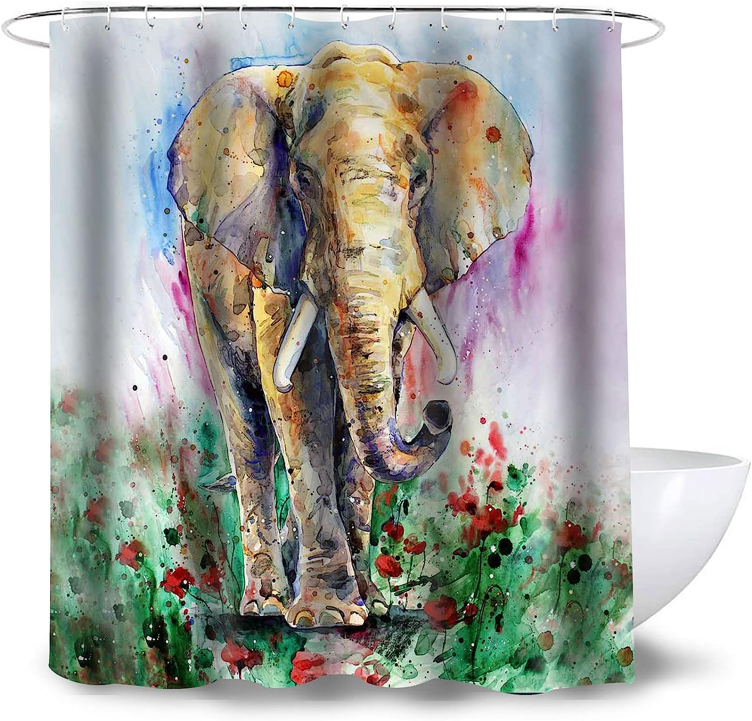 Country Farmhouse Elephant Shower Curtain, Watercolor Animal Art Bathroom Accessory