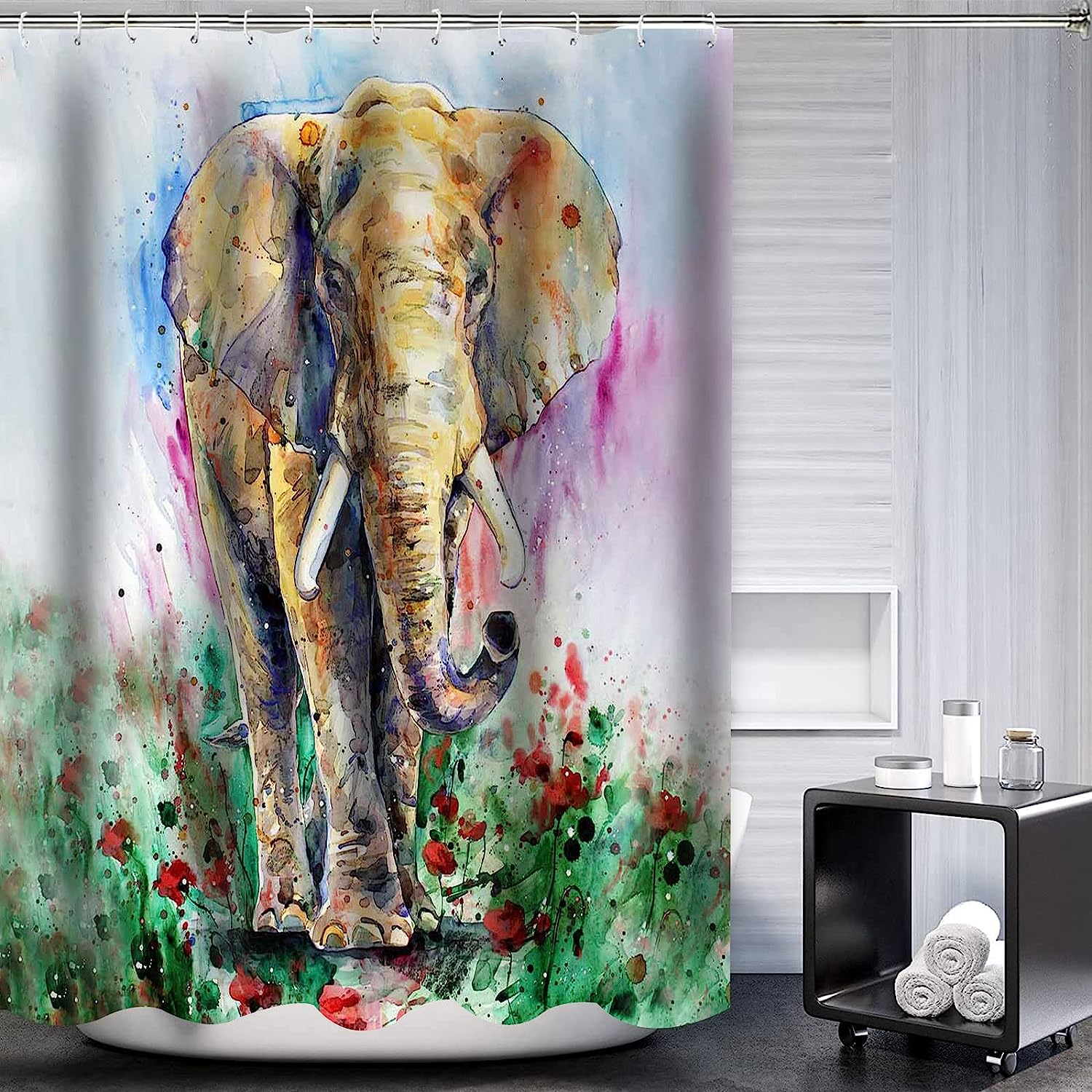 Country Farmhouse Elephant Shower Curtain, Watercolor Animal Art Bathroom Accessory