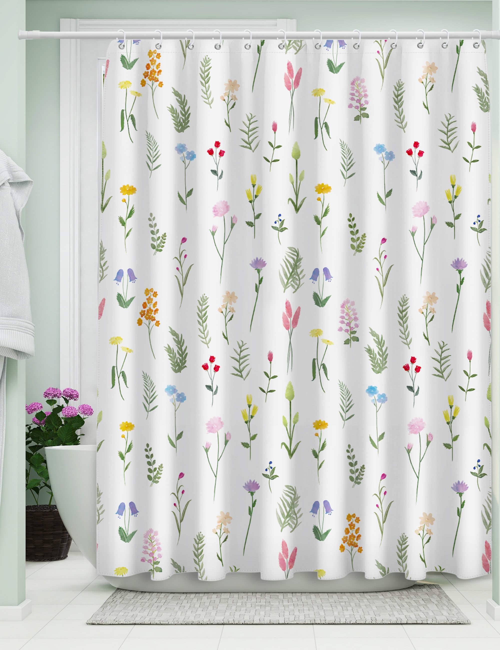 Country Floral Pattern Print Colorful Shower Curtain, Waterproof Fabric Bath Curtain For Rustic Bathroom