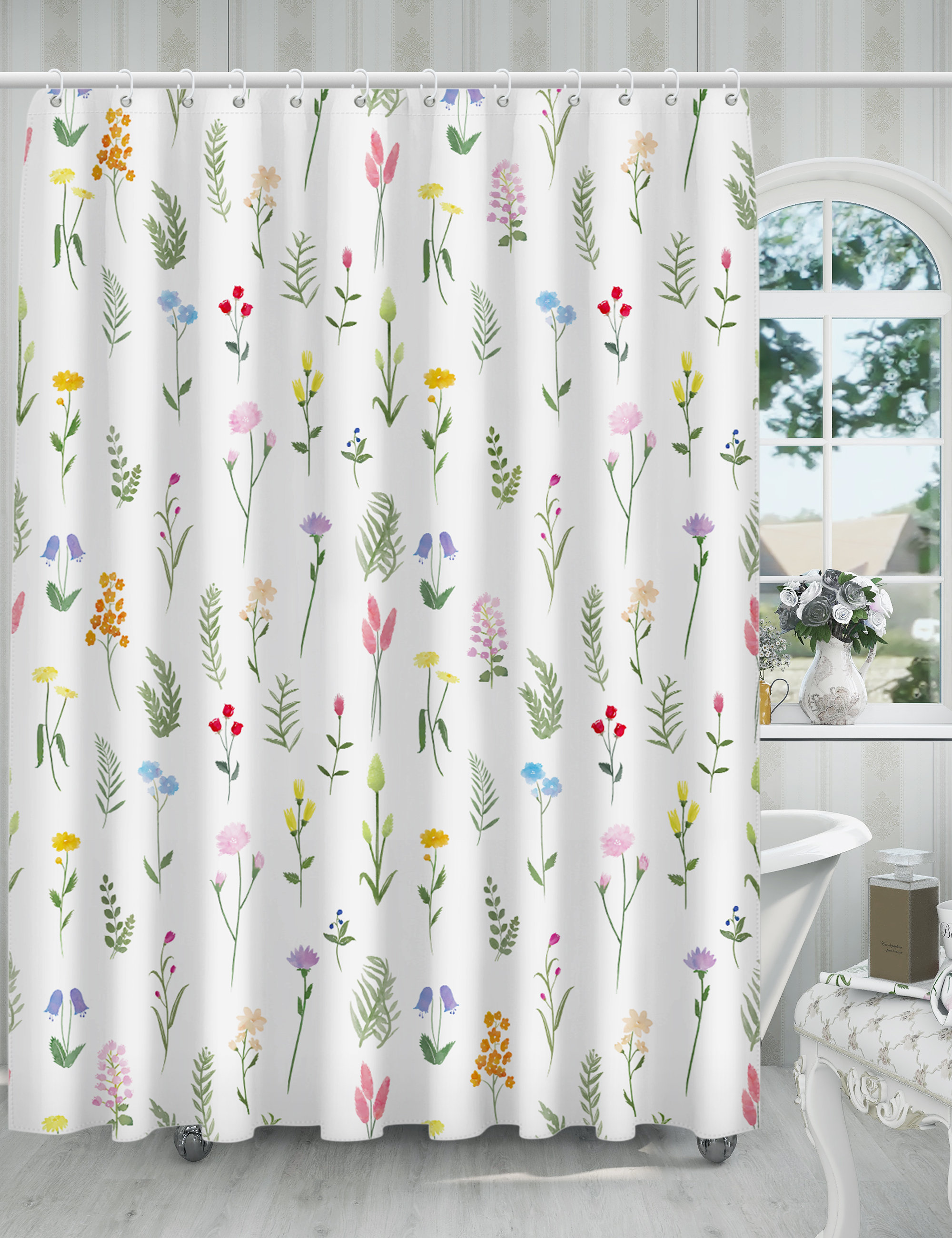Country Floral Pattern Print Colorful Shower Curtain, Waterproof Fabric Bath Curtain For Rustic Bathroom - Image 2