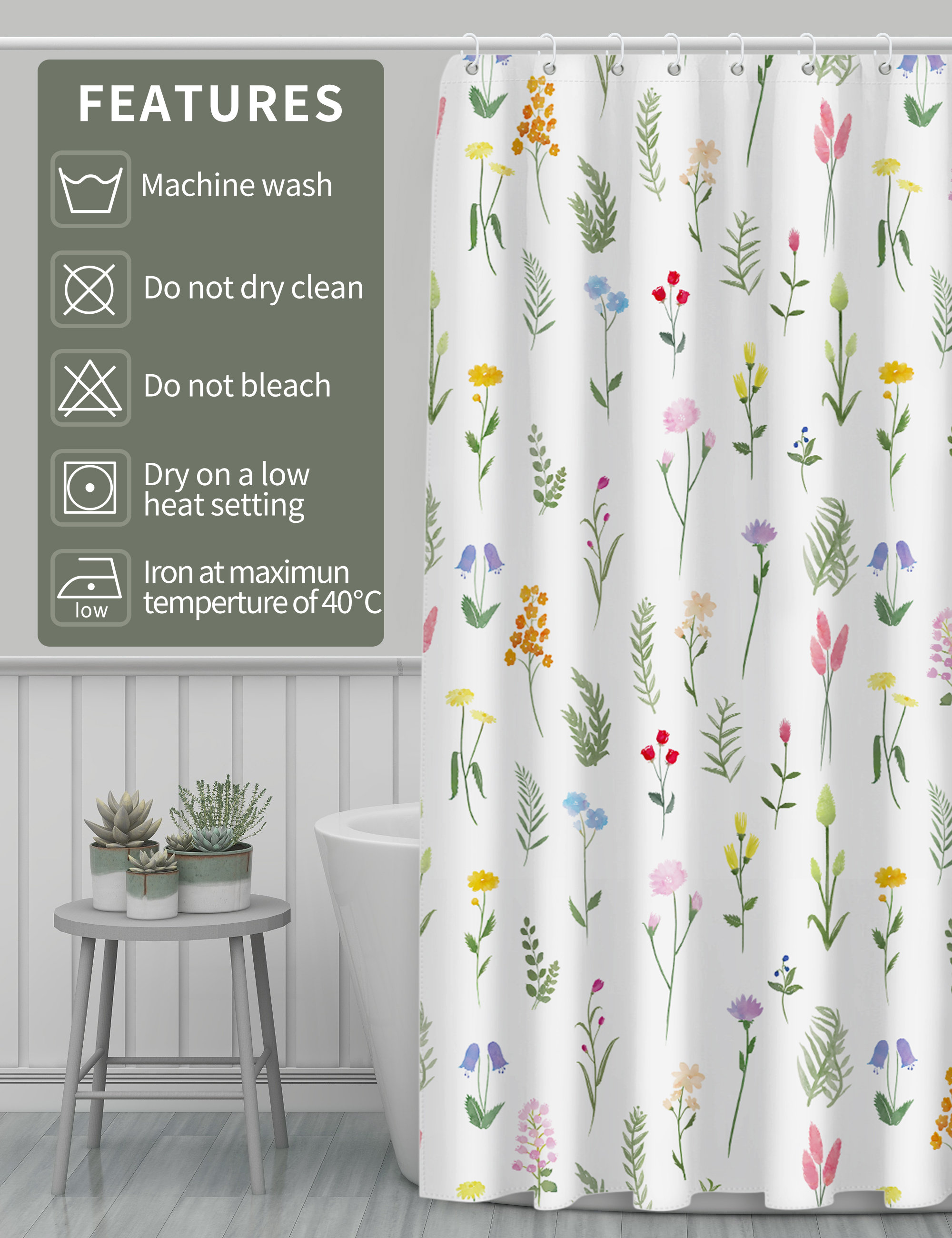 Country Floral Pattern Print Colorful Shower Curtain, Waterproof Fabric Bath Curtain For Rustic Bathroom - Image 3