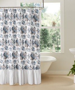 Country Floral Ruffled Shower Curtain in Annie Blue Rose Design