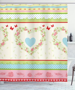 Country Rose Hearts Print Shower Curtain, Shabby Chic Bathroom Decor