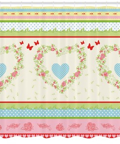 Country Rose Hearts Print Shower Curtain, Shabby Chic Bathroom Decor