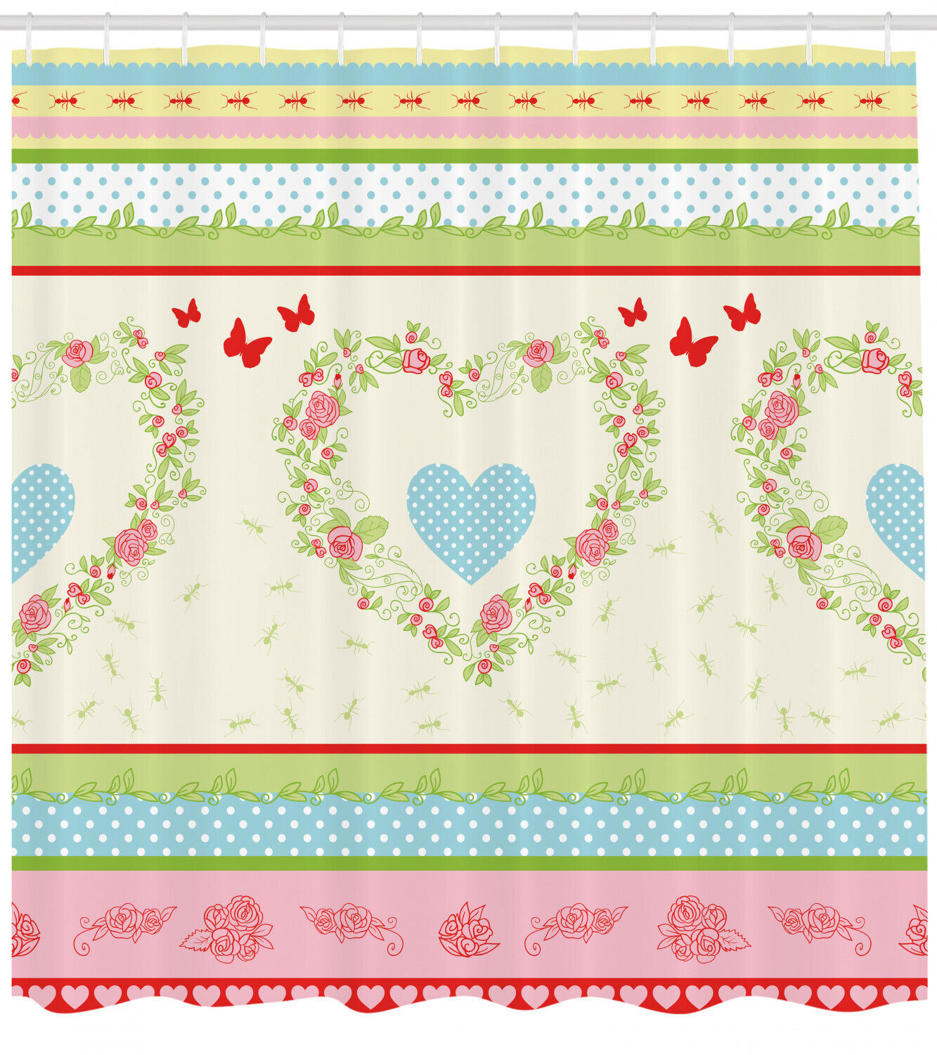 Country Rose Hearts Print Shower Curtain, Shabby Chic Bathroom Decor