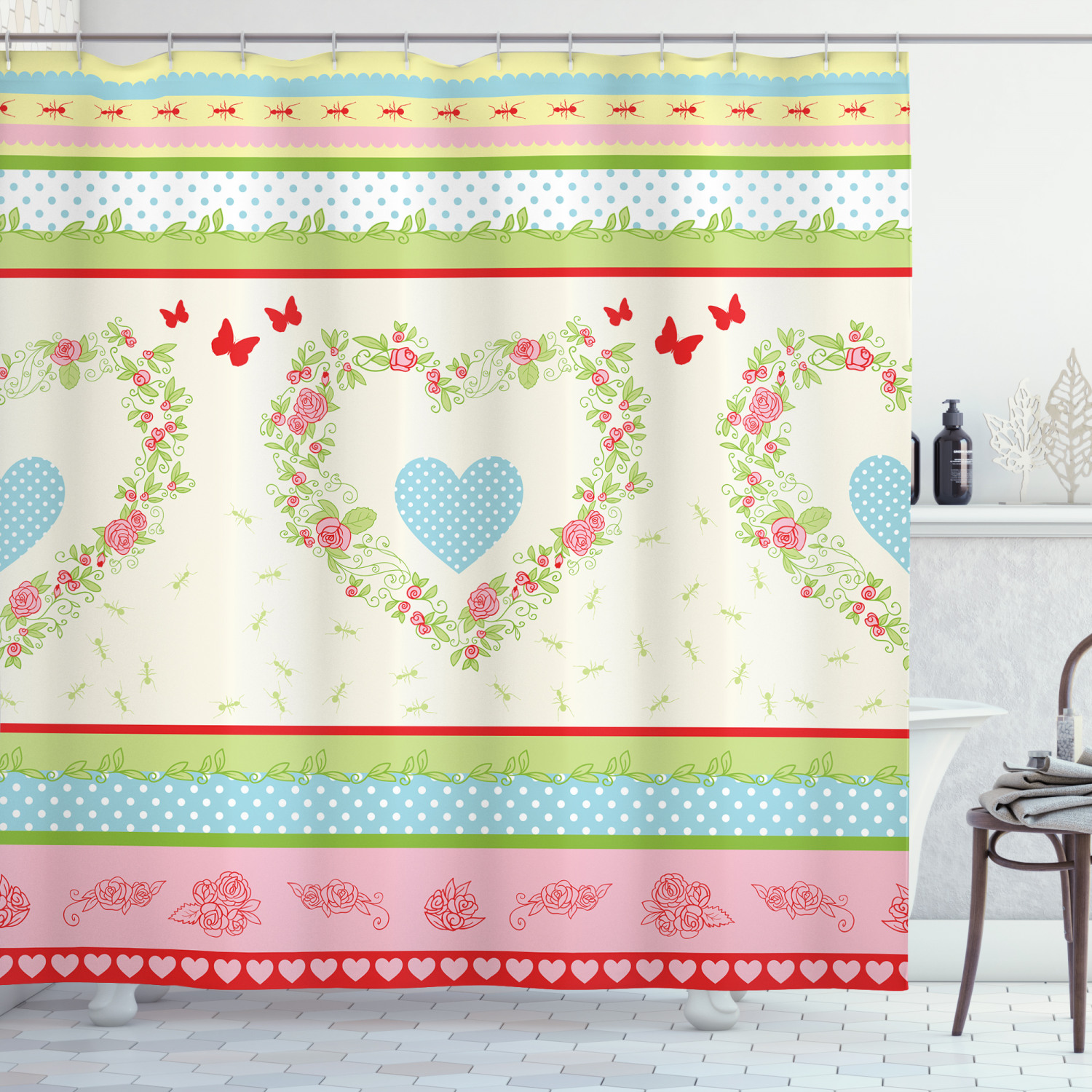 Country Rose Hearts Print Shower Curtain, Shabby Chic Bathroom Decor