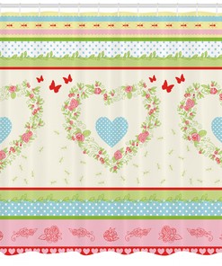 Country Rose Hearts Print Shower Curtain, Shabby Chic Bathroom Decor