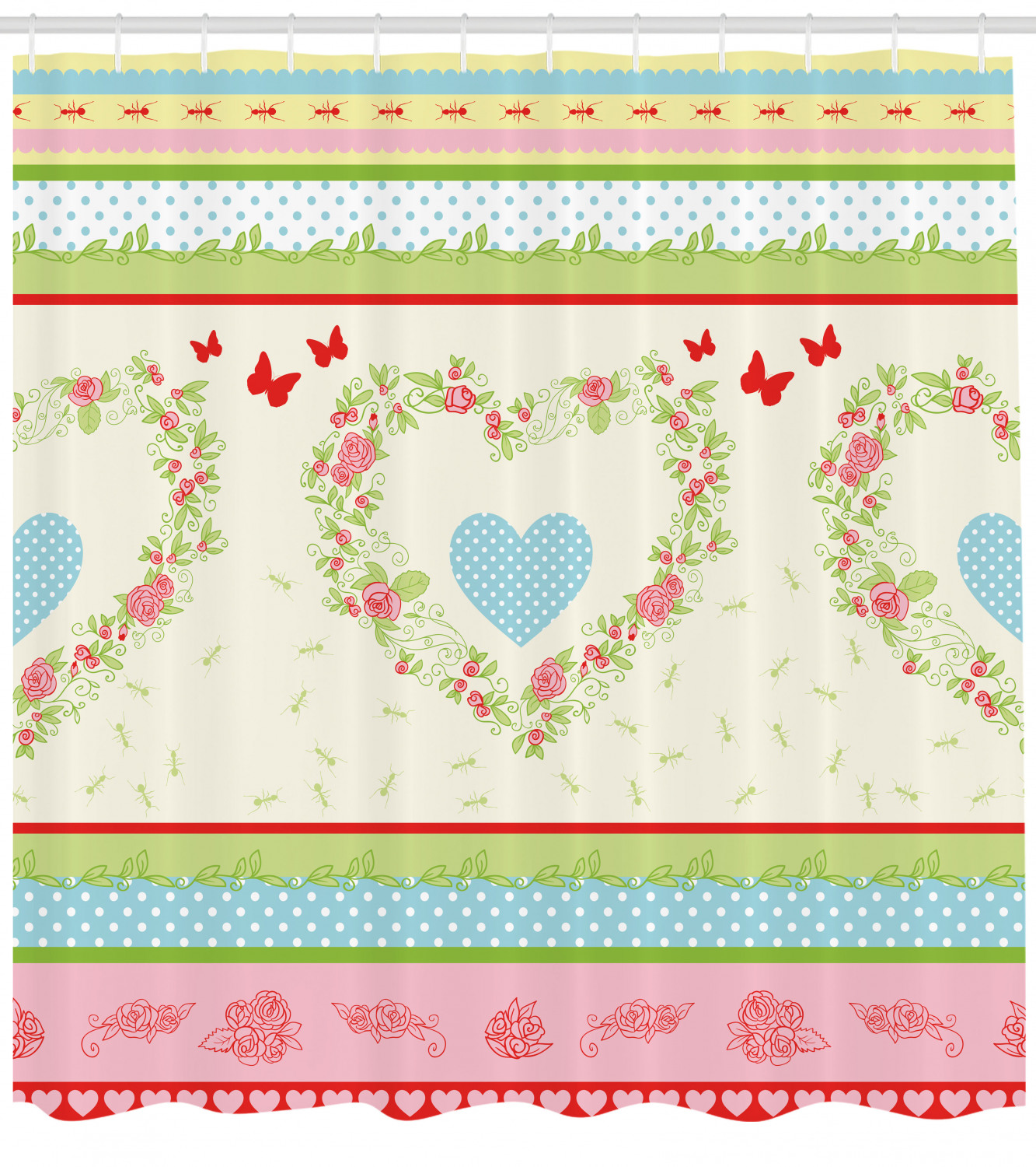 Country Rose Hearts Print Shower Curtain, Shabby Chic Bathroom Decor
