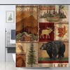 Country Rustic Shower Curtain With Maple Leaf Fishing Moose Deer Bear Design - Log Cabin Decor