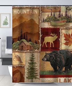 Country Rustic Shower Curtain With Maple Leaf Fishing Moose Deer Bear Design - Log Cabin Decor