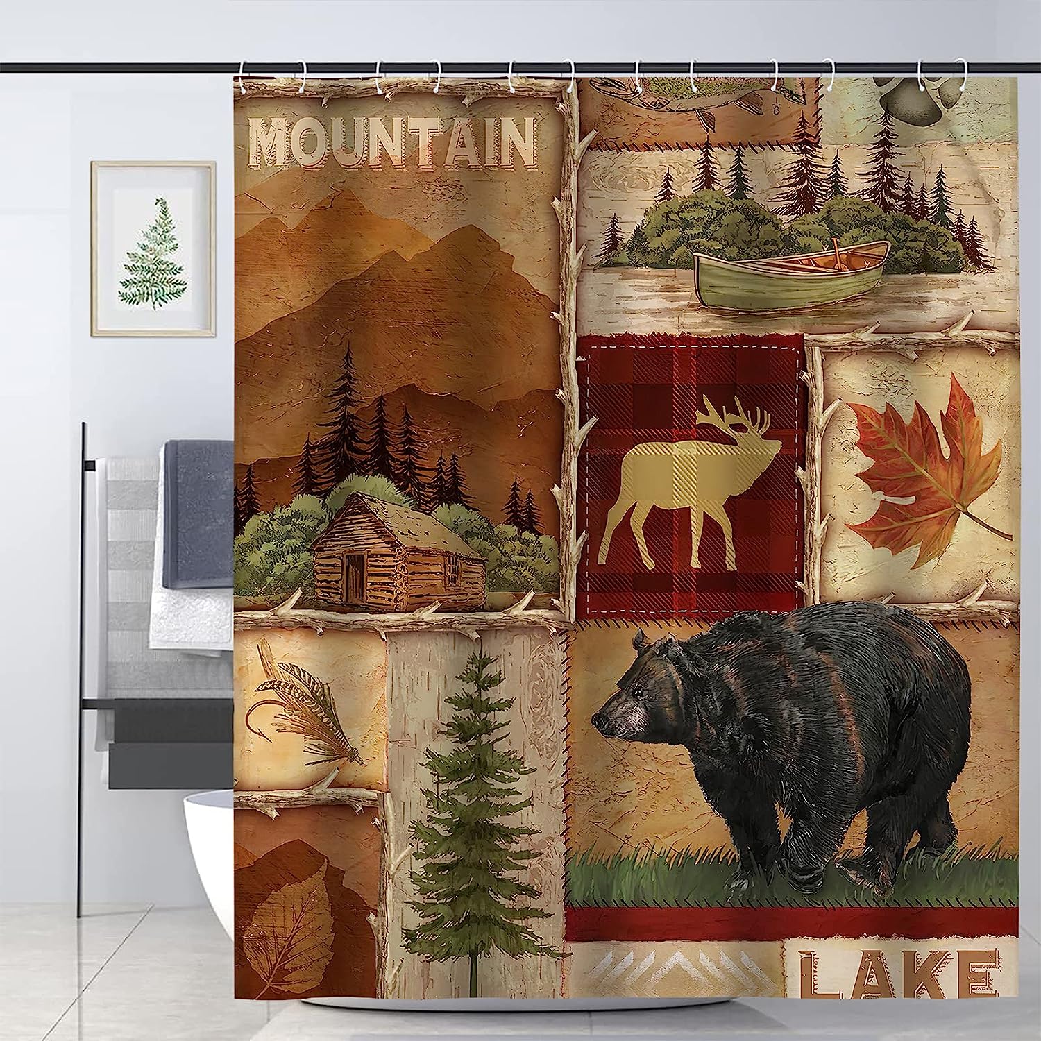 Country Rustic Shower Curtain With Maple Leaf Fishing Moose Deer Bear Design - Log Cabin Decor
