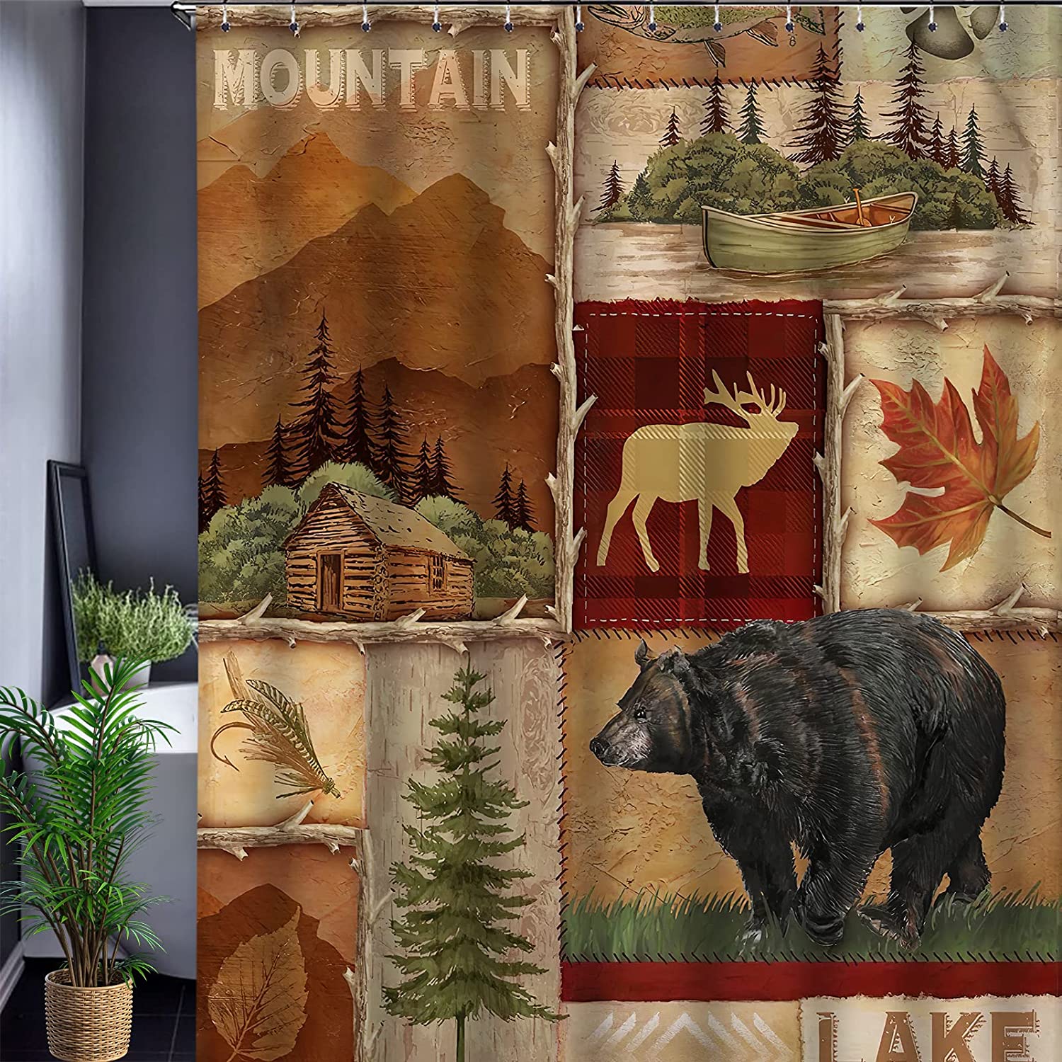 Country Rustic Shower Curtain With Maple Leaf Fishing Moose Deer Bear Design - Log Cabin Decor - Image 2