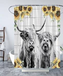 Country Rustic Sunflower Shower Curtain with Highland Cow and Wooden Barn Doorhorn Bull for Farmhouse Bathroom 