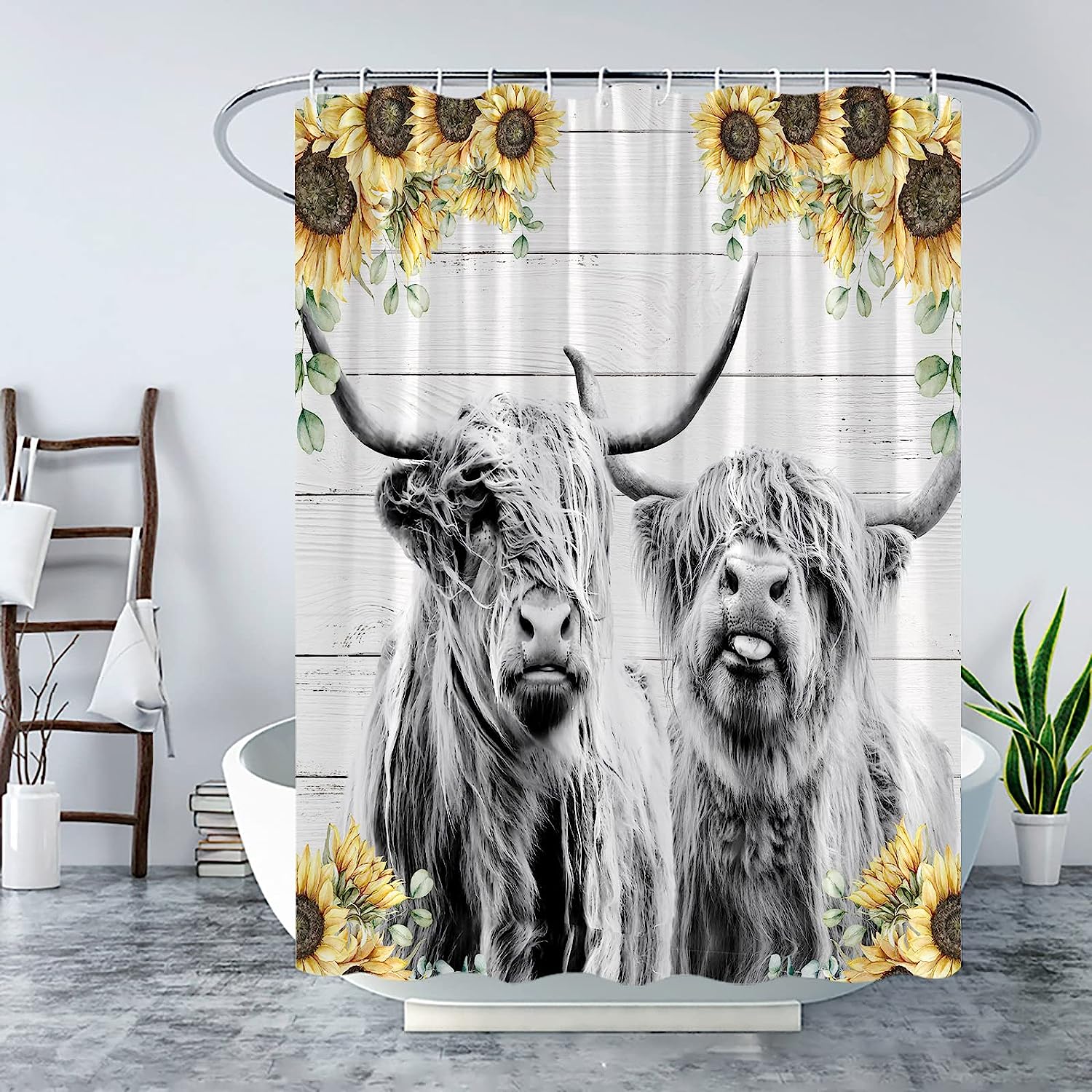 Country Rustic Sunflower Shower Curtain with Highland Cow and Wooden Barn Doorhorn Bull for Farmhouse Bathroom