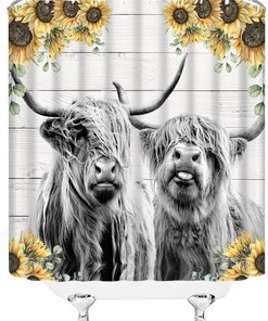 Country Rustic Sunflower Shower Curtain with Highland Cow and Wooden Barn Doorhorn Bull for Farmhouse Bathroom