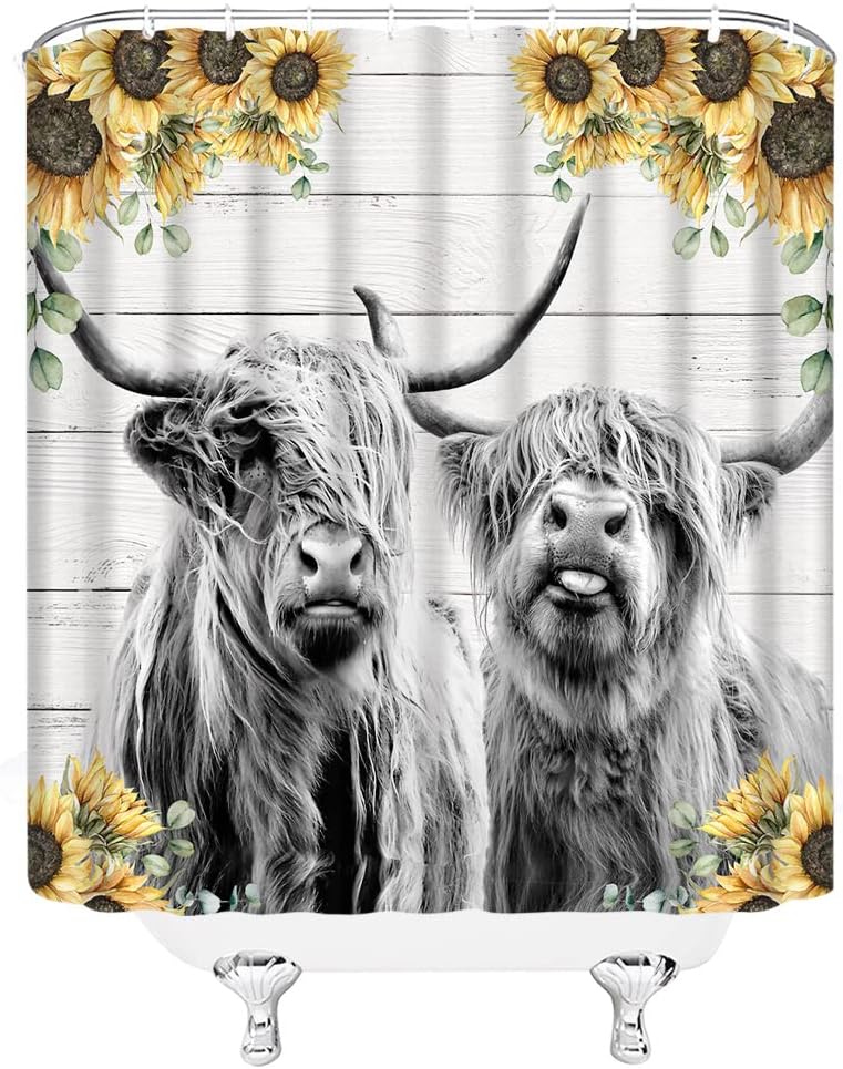 Country Rustic Sunflower Shower Curtain with Highland Cow and Wooden Barn Doorhorn Bull for Farmhouse Bathroom